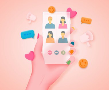 Elinde insanların görünür olduğu yarı saydam bir mat telefondan video konferansı. Vektör illüstrasyonu.