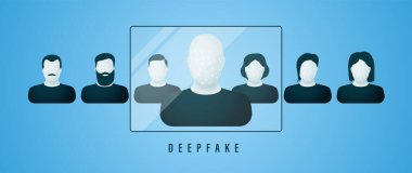 Deepfake concept. Face change using artificial neural networks. Vector illustration.