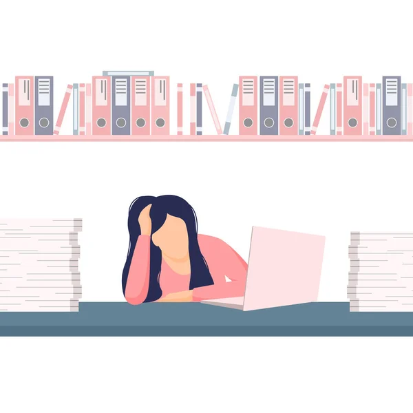 Cansada Sobrecarregada Mulher Uma Mesa Escritório Entre Uma Pilha Papéis —  Vetores de Stock