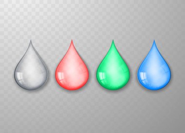 Şeffaf arkaplanda izole edilmiş gerçekçi çok renkli su damlaları. Vektör illüstrasyonu.