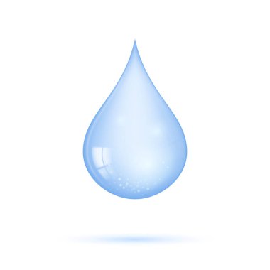 Beyaz arka planda izole edilmiş gerçekçi şeffaf mavi parlak su damlası. Vektör illüstrasyonu.