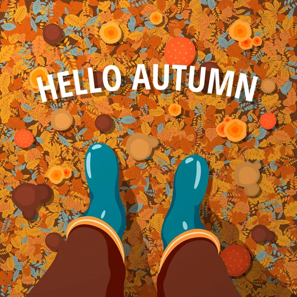 碑文と秋の落葉背景こんにちは秋と男のゴムブーツ ベクターイラスト — ストックベクタ