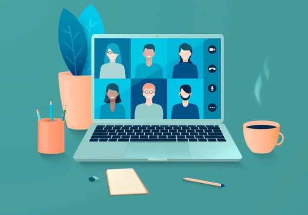 Online Συνάντηση Των Ανθρώπων Που Χρησιμοποιούν Βιντεοδιάσκεψη Τηλεδιάσκεψη Και Εργασία — Διανυσματικό Αρχείο