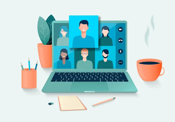 Online Συνάντηση Των Ανθρώπων Που Χρησιμοποιούν Βιντεοδιάσκεψη Τηλεδιάσκεψη Και Εργασία — Διανυσματικό Αρχείο