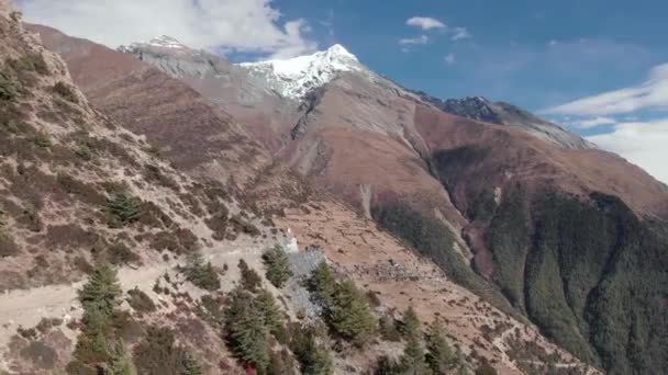 Escénicas imágenes de drones soleados, desfiladero de ríos rocosos contra picos de montañas de nieve en el cielo azul — Vídeo de stock