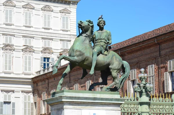 Turin Equestrian Statue Dedicated Castore Polluce Castle Square Royal Palace — Stock Photo, Image