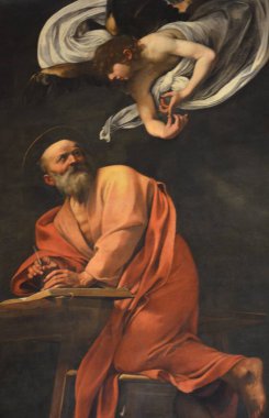 Roma, İtalya 09.02.2019: San Luigi dei Francesi Kilisesi, Caravaggio 'dan Aziz Matthew' un İlhamı