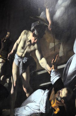 Roma, İtalya 09.02.2019: Contarelli Şapeli 'ndeki Saint Matthew Caravaggio tablolarının şehidi İtalya San Luigi dei Francesi