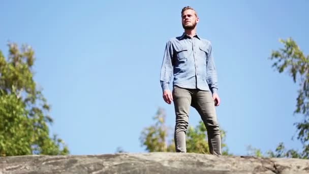 Einsamer schöner Mann auf dem Berg — Stockvideo