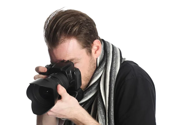 Stilig fotograf i svart tshirt och halsduk — Stockfoto
