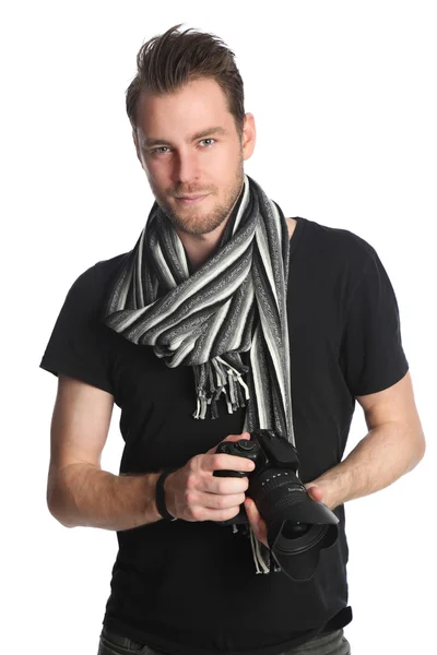 Handsome Photographer in black tshirt and scarf — Stock Photo, Image