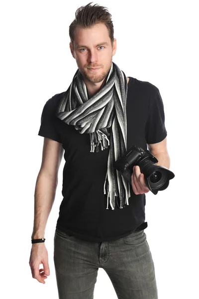 Schöner Fotograf in schwarzem T-Shirt und Schal — Stockfoto