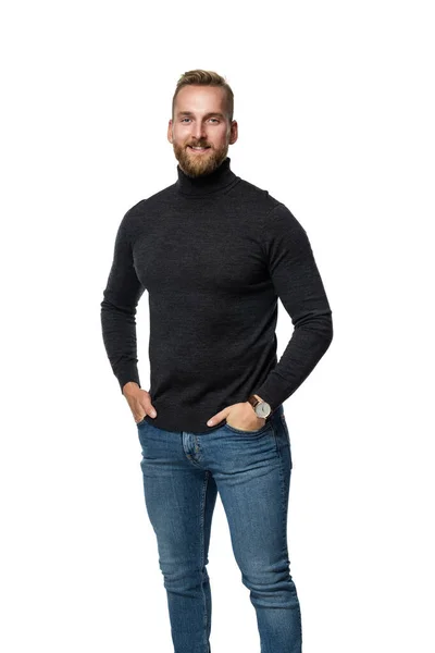 Smiling Blonde Man Long Armed Sweater Standing White Background — Stok fotoğraf