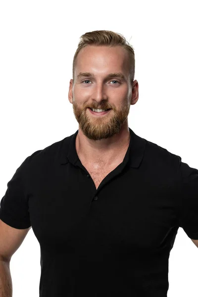 Close Attractive Blonde Bearded Man Wearing Black Shirt Standing White — Stok fotoğraf