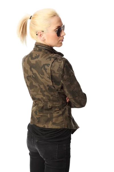 Attractive woman in a military jacket — Stock Photo, Image