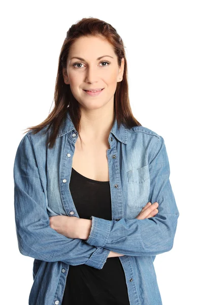 Satisfied woman in jeans shirt — Stock Photo, Image