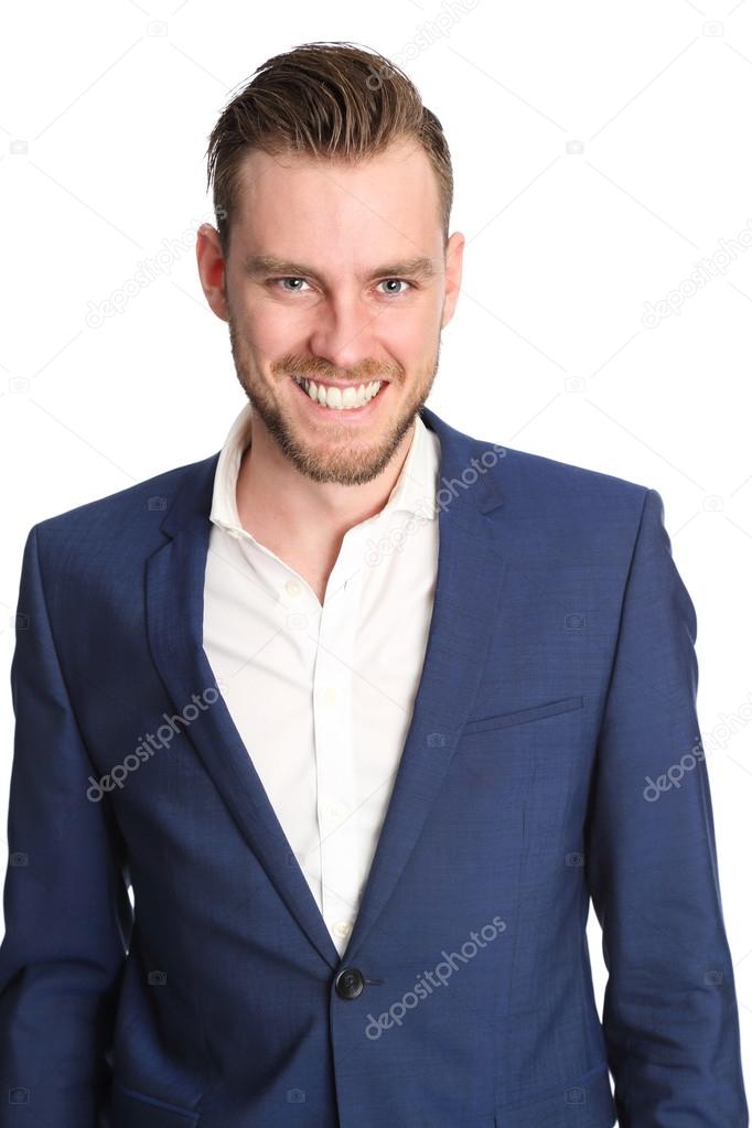 Smiling businessman in blue jacket