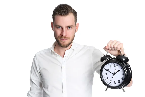 Atractivo hombre sosteniendo un reloj — Foto de Stock