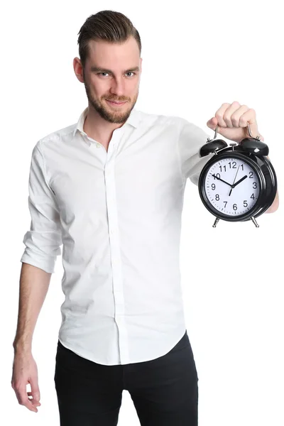 Man with clock smiling — Stock Photo, Image