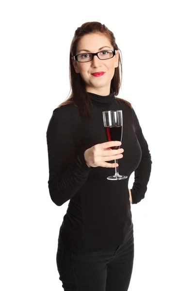 Woman with red win glasses — Stock Photo, Image