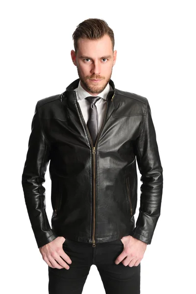 Fashion model in leather jacket — Stock Photo, Image