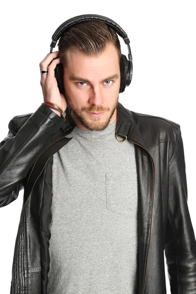 Fashionable DJ in leather jacket — Stock Photo, Image