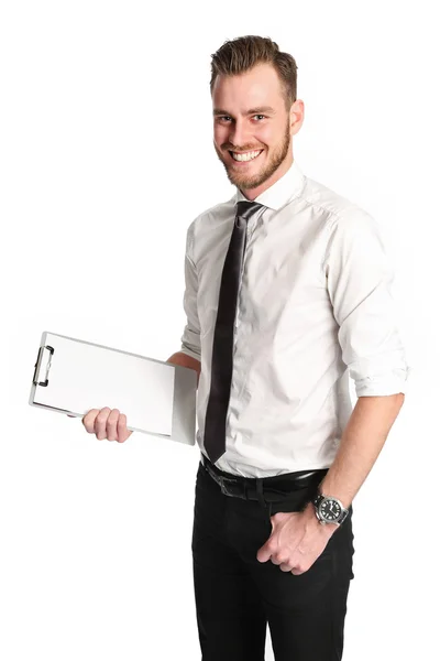 Beau homme d'affaires avec un presse-papiers portant une chemise blanche et une cravate — Photo