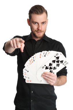 Man with large playing cards