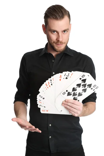 Uomo con grandi carte da gioco — Foto Stock