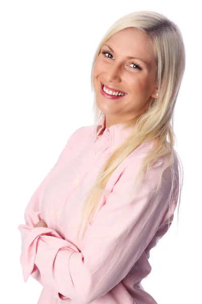 Attractive woman in a pink shirt and arms crossed — Stock Photo, Image