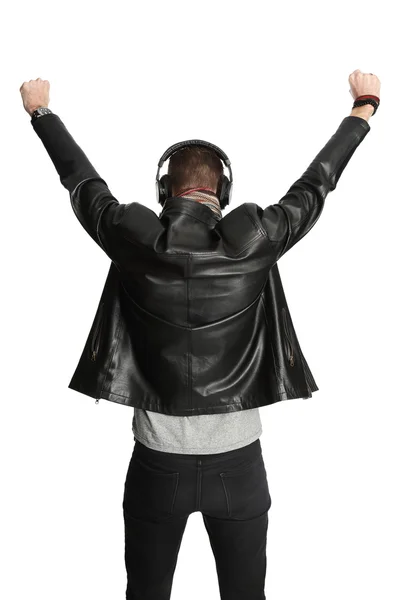 DJ in black leather jacket gesturing — Stock Photo, Image