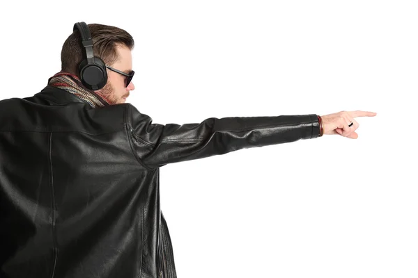 DJ in black leather jacket gesturing — Stock Photo, Image