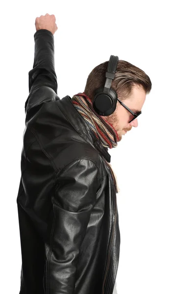 DJ in black leather jacket gesturing — Stock Photo, Image