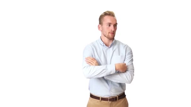 Handsome man against white background — Stock Video