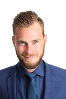 İşadamı bir mavi takım elbise ve kravat