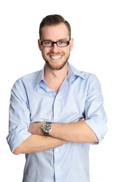 Attraktiver Mann mit Brille vor weißem Hintergrund — Stockfoto