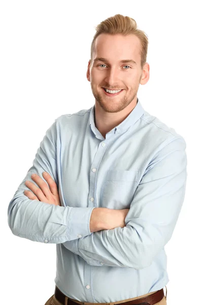 Hombre guapo en camisa azul sonriendo — Foto de Stock