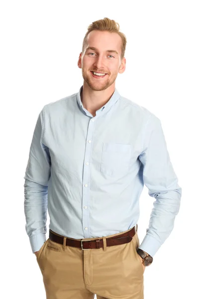 Handsome man in blue shirt smiling — Stock Photo, Image