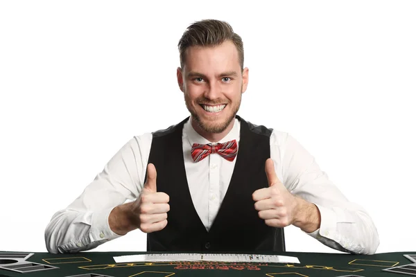 Crazy Blackjack återförsäljare i västen en bowtie — Stockfoto