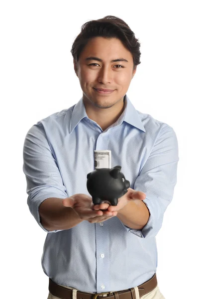 Pohledný muž s prasátko — Stock fotografie
