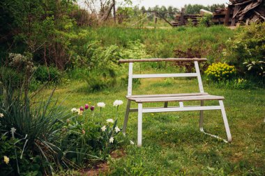 Asfaltlı ve geleneksel ahşap banklı İngiliz arka bahçesi