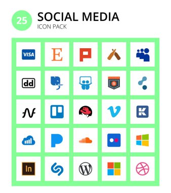 25 Sosyal Medya Pandora, korvue, slayt paylaşımı, vimeo, trello Düzenlenebilir Vektör Tasarım Elemanları