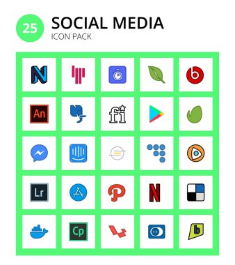 25 Sosyal Medya merkez kodu, ioxhost, yazı tipleri, intercom, facebook Düzenlenebilir Vektör Tasarım Elemanları
