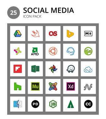 Sosyal Medya 25 simgeleri ilham perisi, jsfiddle, ubuntu, waze, Üstün Düzenlenebilir Vektör Tasarım Elemanları