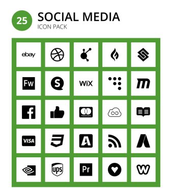 Sosyal Medya 25 simgeleri vizesi, jsfiddle, wix, kredi kartı, Düzenlenebilir Vektör Tasarım Elemanları gibi