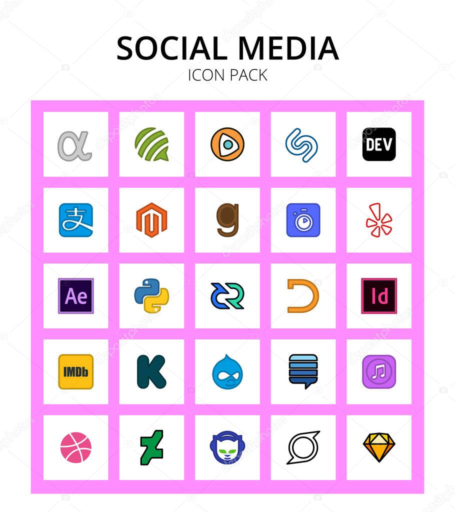 Set of 25 Social Logo adobe, dyalog, algolia, decred, adobe Editable Vector Design Elements