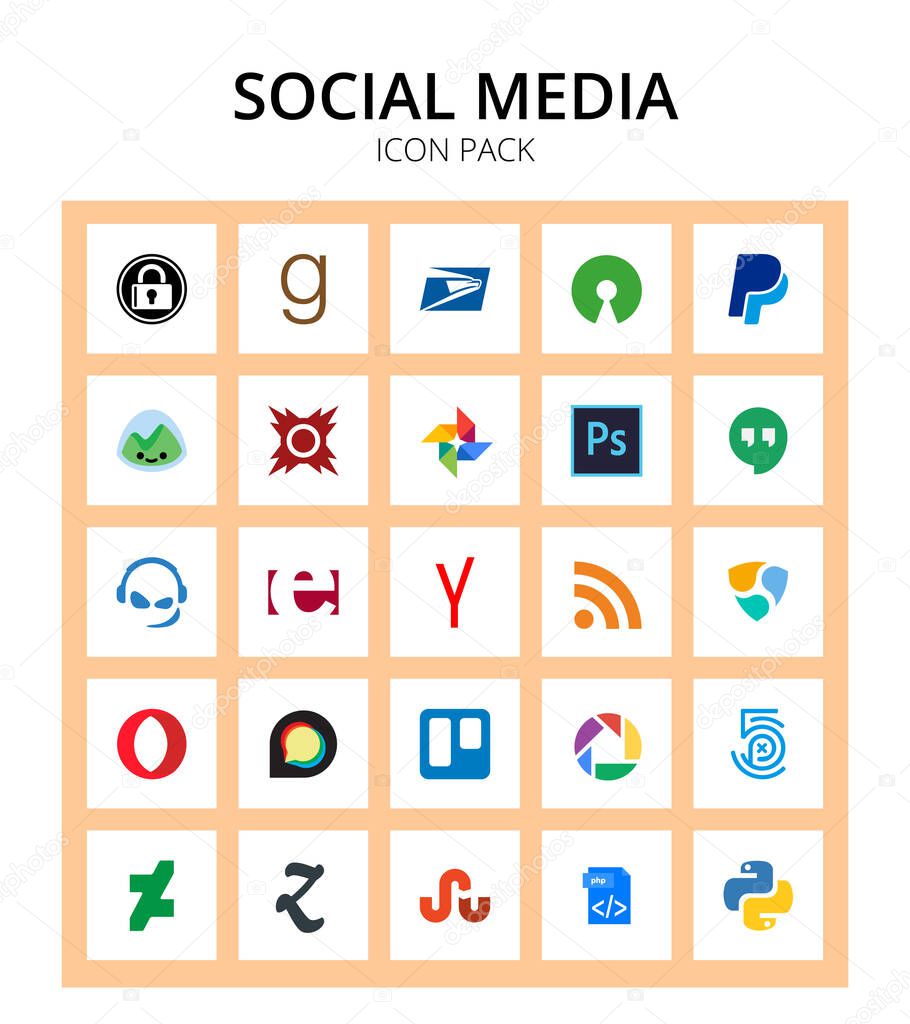 Social Media 25 icons opera, rss, photoshop, international, erlang Editable Vector Design Elements