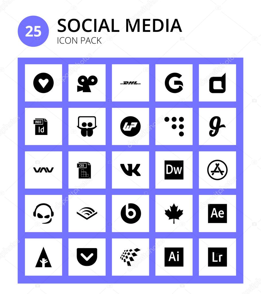 Social Media 25 icons vk, style, slideshare, file type, vnv Editable Vector Design Elements