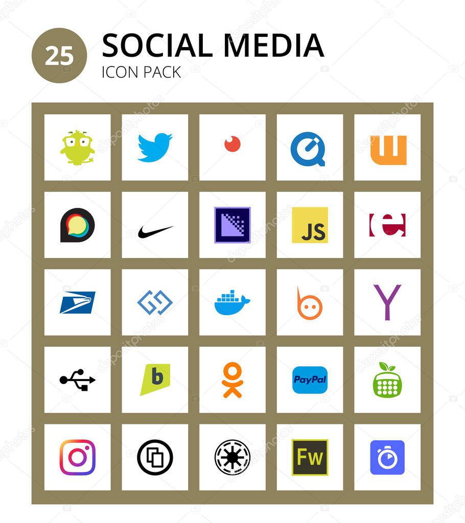 25 Social icon brightkite, yahoo, adobe, nimblr, gg Editable Vector Design Elements