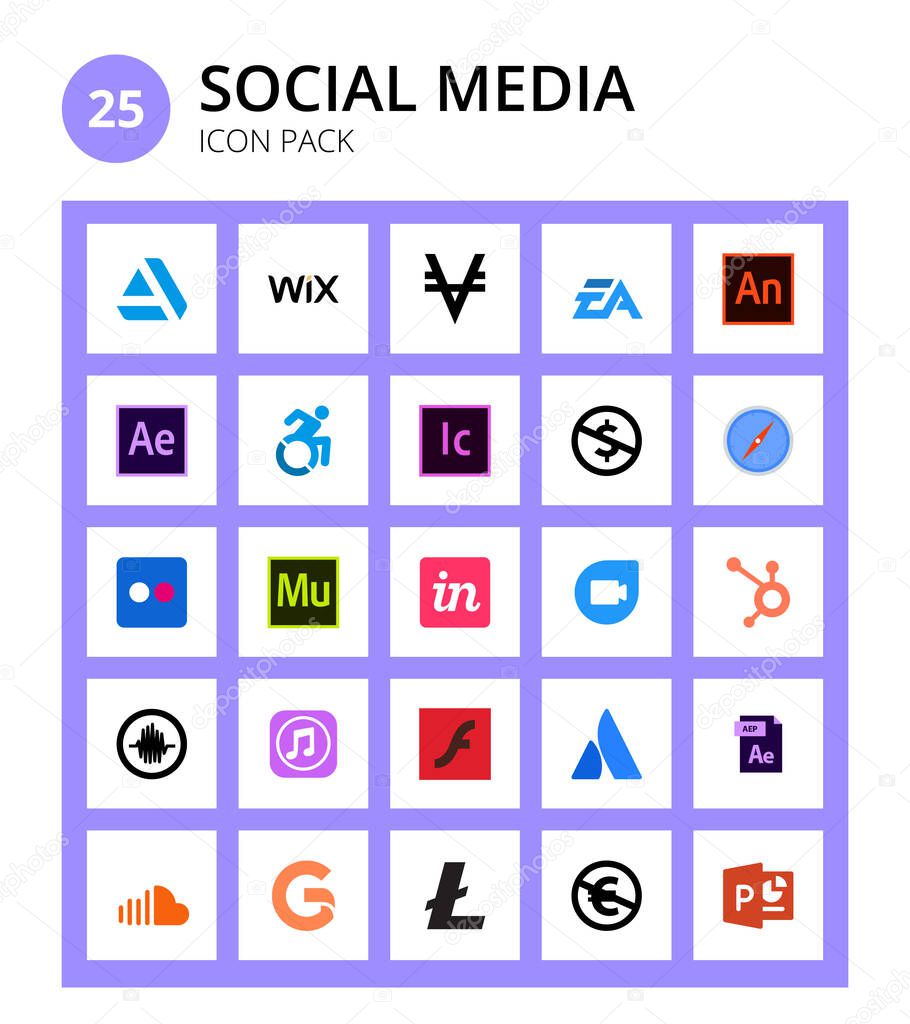 Set of 25 Social Logo flickr, nc, adobe, commons, adobe Editable Vector Design Elements
